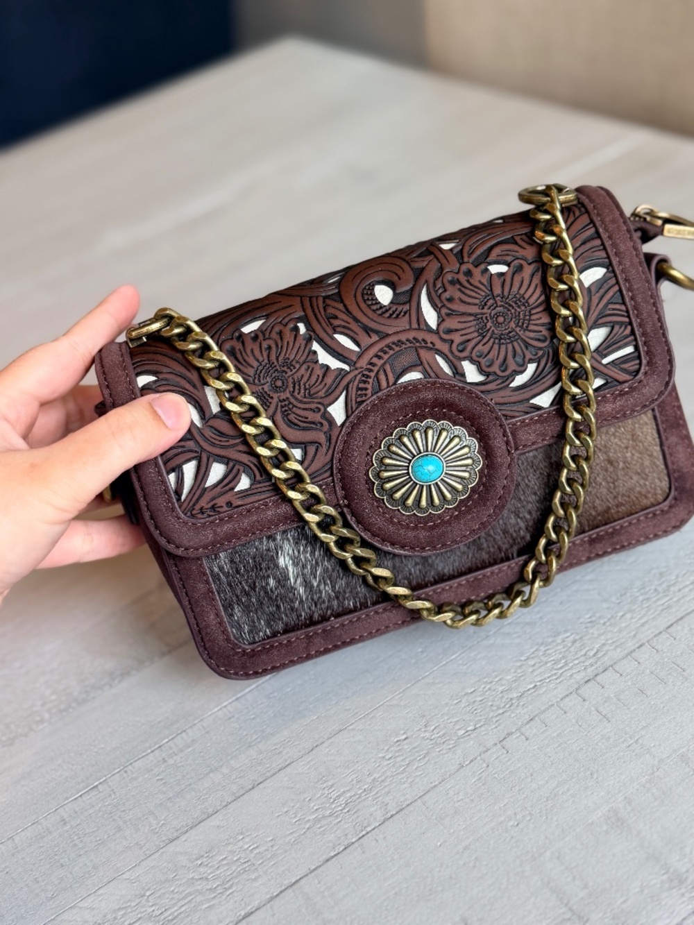 Trinity Ranch Cowhide Floral Cutout Crossbody Bag Coffee